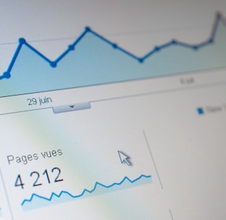 A computer screen displaying a data analytics dashboard with graphs and charts. A blue line graph shows fluctuations in data over time, and a section highlights the number of page views. A pie chart is partially visible, indicating a breakdown of different data elements.