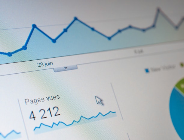 A computer screen displaying a data analytics dashboard with graphs and charts. A blue line graph shows fluctuations in data over time, and a section highlights the number of page views. A pie chart is partially visible, indicating a breakdown of different data elements.